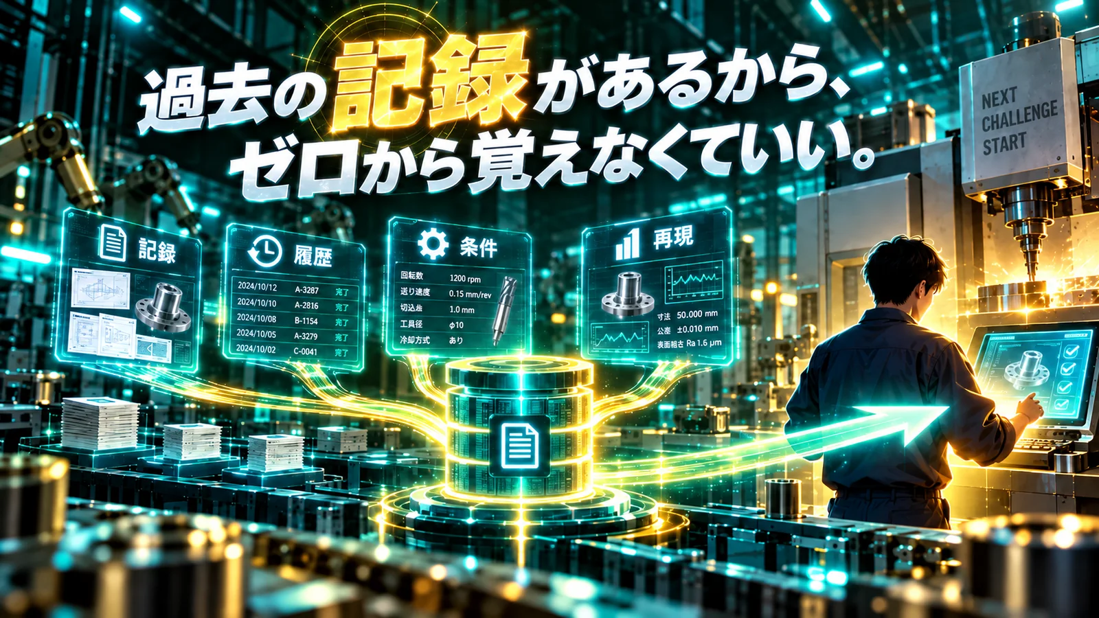 加工記録、履歴、条件、再現性を会社の技術資産として共有するイメージ