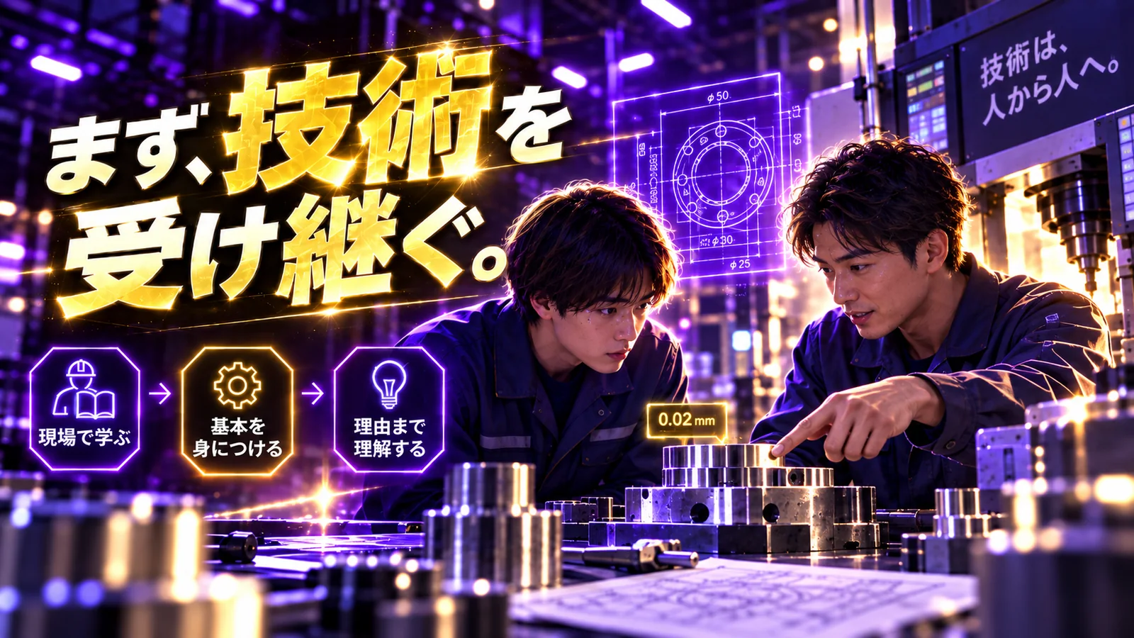 若い先輩社員から技術と仕事の考え方を受け継ぐイメージ